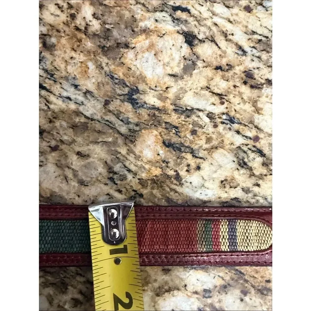 Brown Geniune Leather & Canvas Striped Belt Silver Buckle Size 38
